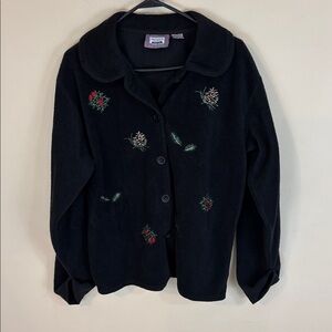 Premier International Holiday Fleece Button Front Embroidered Jacket Large